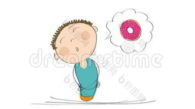 一个饥饿的男人思考甜甜圈与粉红色草莓顶部，动画手绘卡通人物。